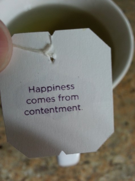 A timely reminder from my Yogi green tea bag! Happiness comes from being contented with what you have.